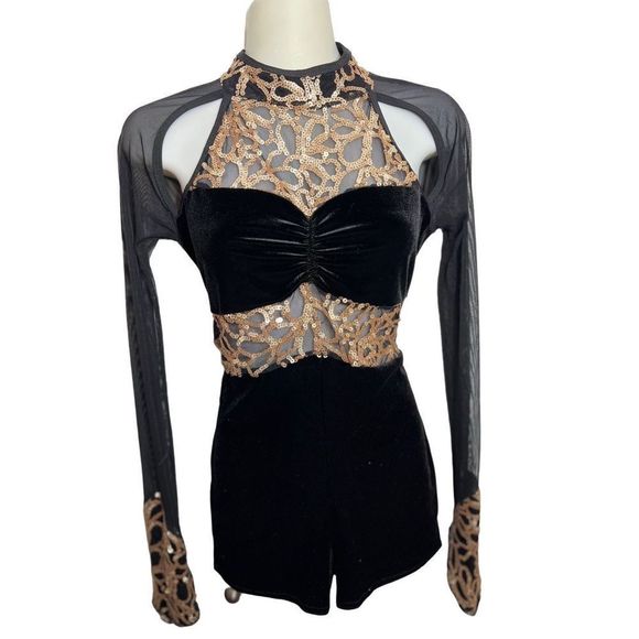 A Wish Come True Other - Size Extra Large Child XLC Black Gold Sequins Long Sleeve Dance Costume Biketard